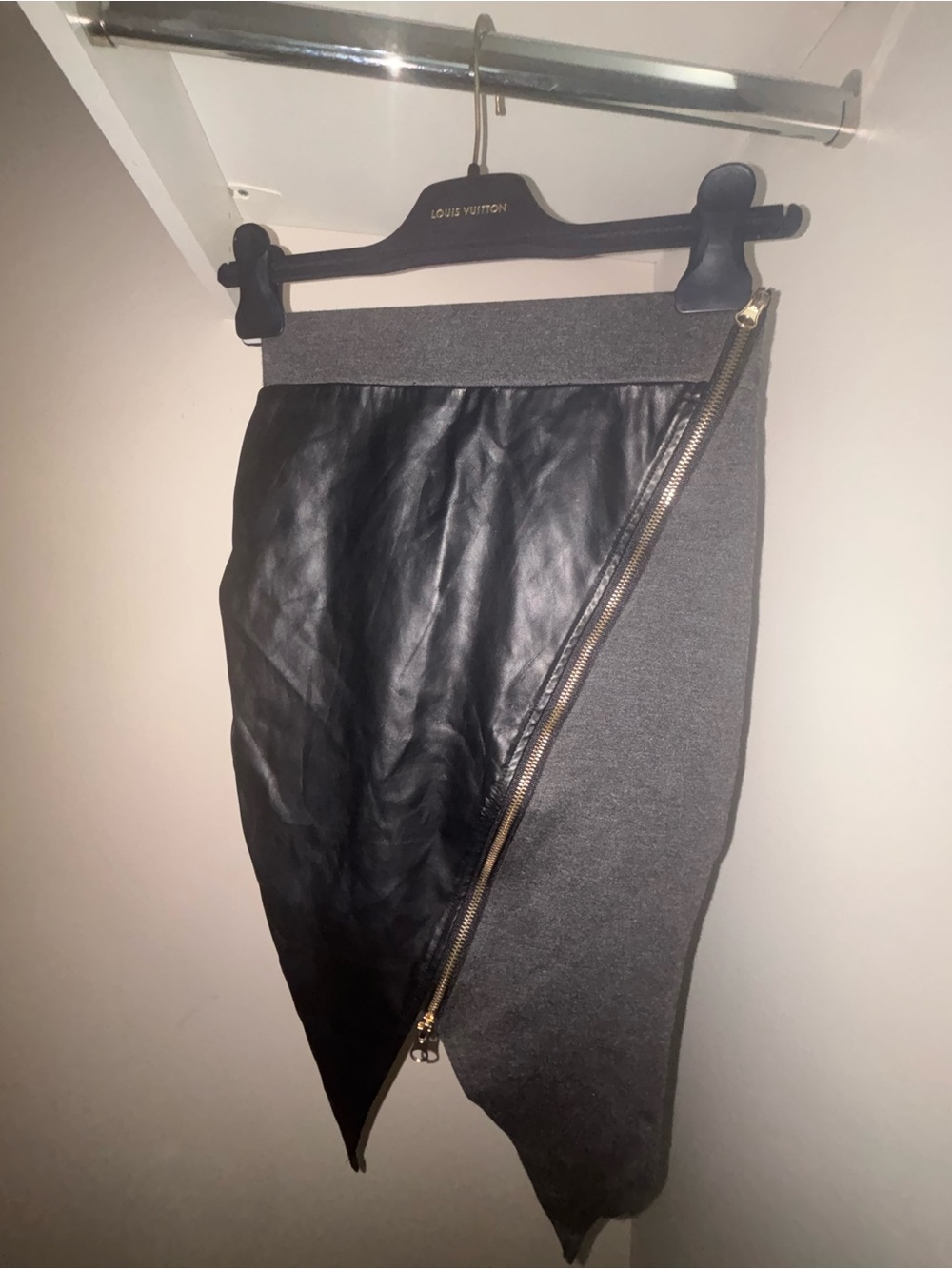 Black & Gray Asymmetrical Leather-Panel Skirt with Gold Zipper